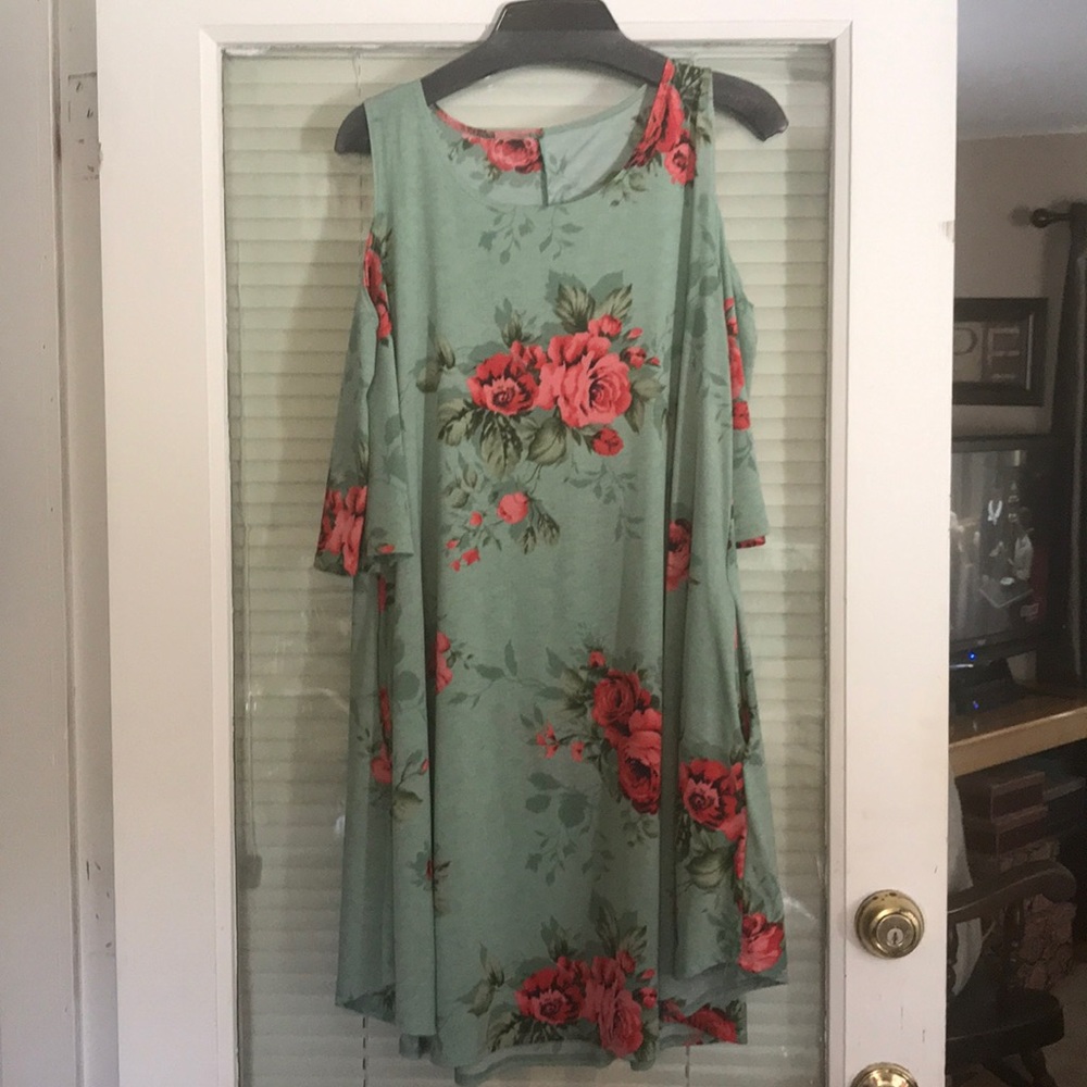 Olive and rose floral cold shoulder dress